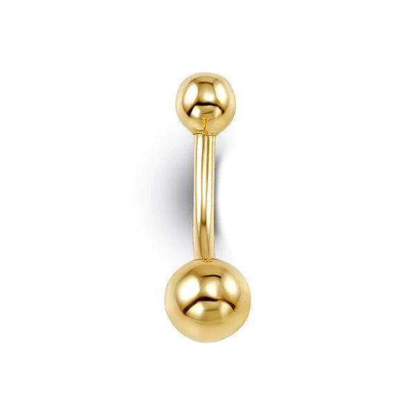A close-up image of a gold belly ring with a curved barbell design, featuring two shiny, spherical ends.
