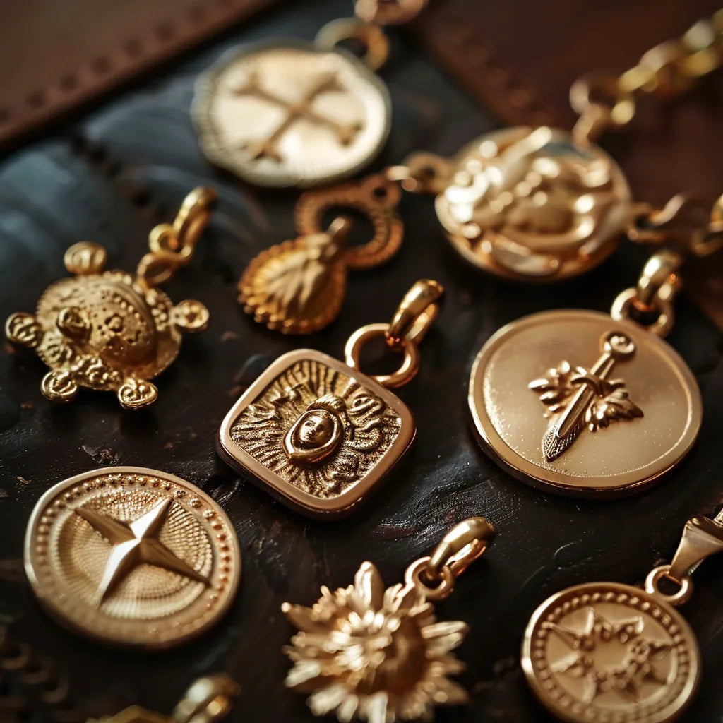 A collection of golden charms with intricate designs including a turtle, anchor, sun rays, sunflower, and star, each with a clasp for attachment. Displayed on a dark surface, the charms have detailed textures and a metallic sheen.