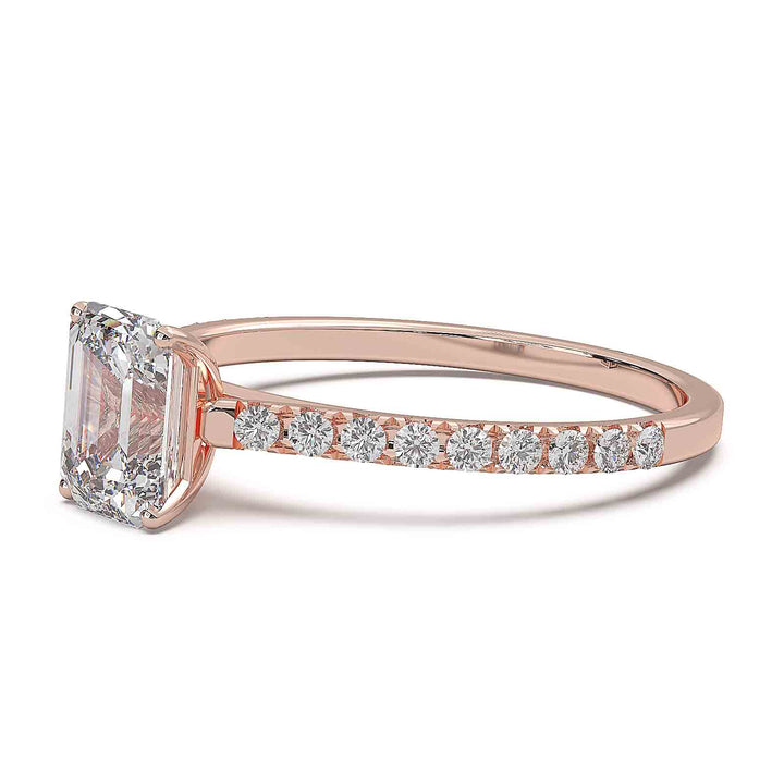 0.8 carat emerald-cut lab diamond ring with pave cathedral band