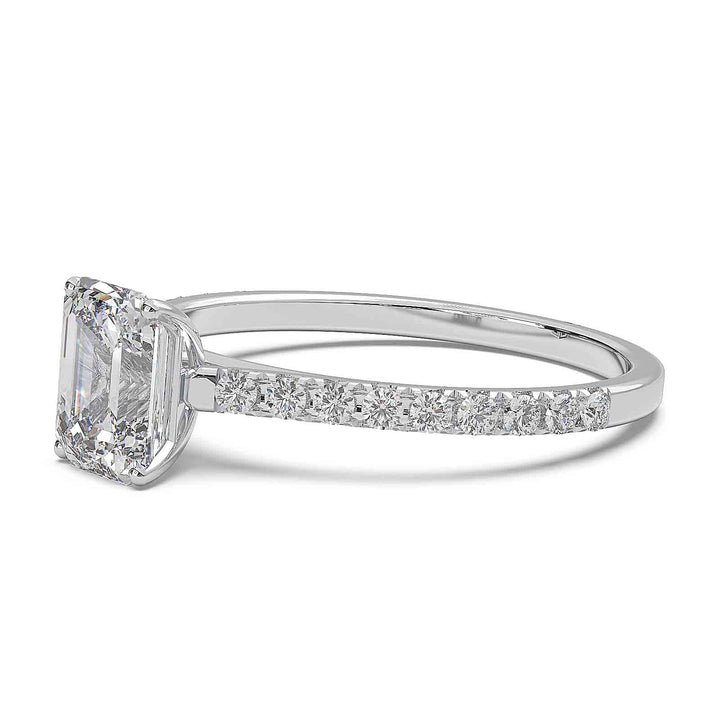 0.8 carat emerald-cut lab diamond ring with pave cathedral band