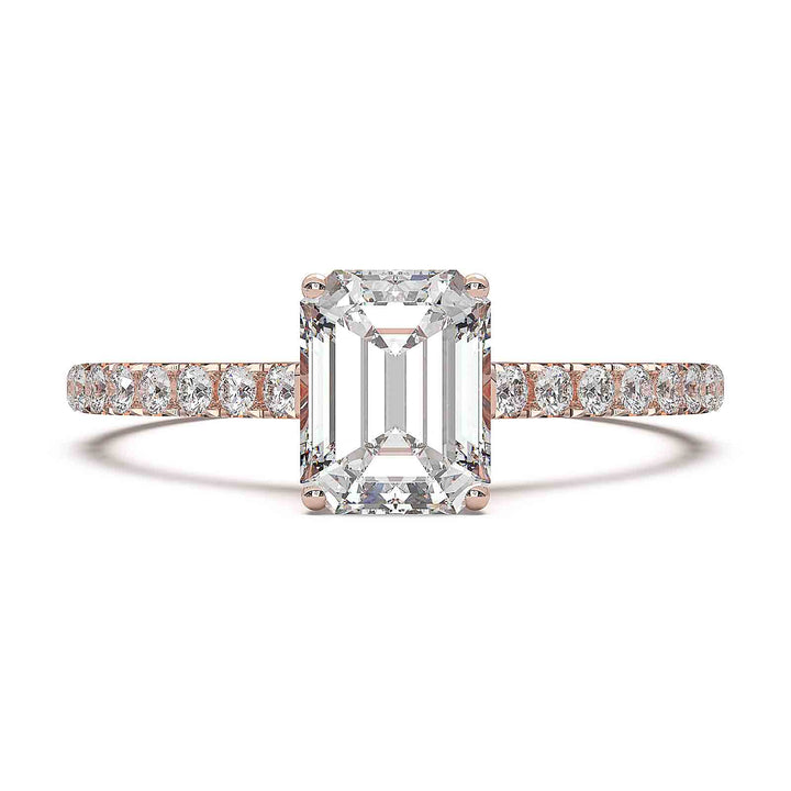 0.8 carat emerald-cut lab diamond ring with pave cathedral band