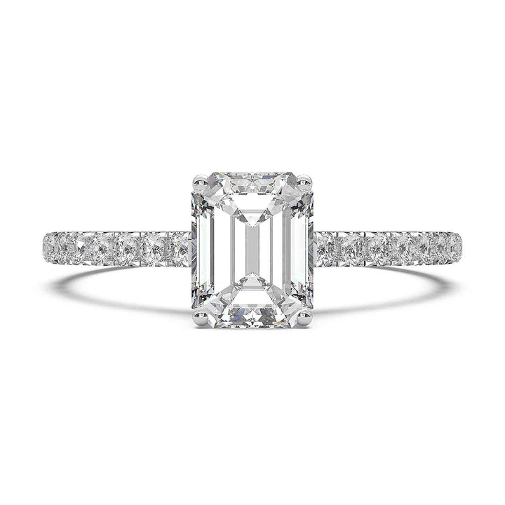 0.8 carat emerald-cut lab diamond ring with pave cathedral band