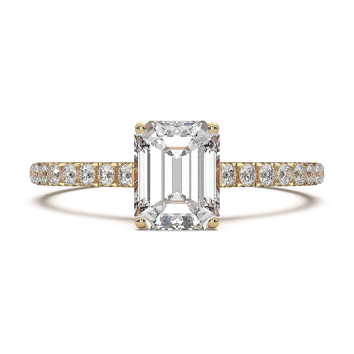 0.8 carat emerald-cut lab diamond ring with pave cathedral band