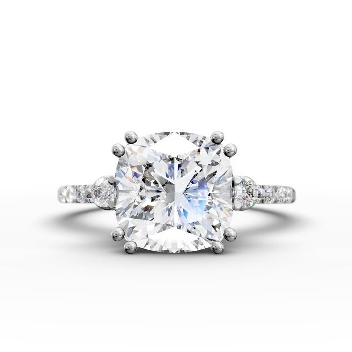 1.7 Carat Cushion Cut Lab Diamond Ring with Side Stones & Pave Band