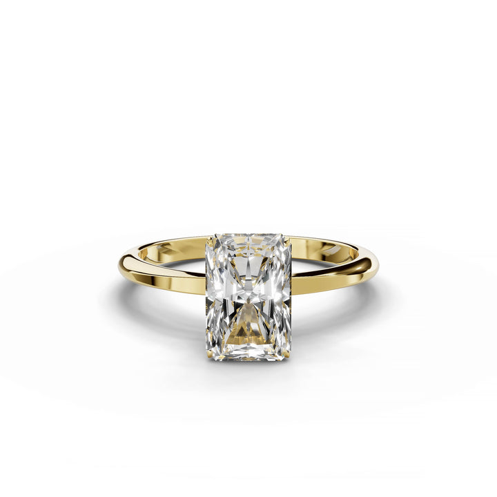 Radiant diamond engagement ring, hidden halo, custom design, yellow gold.