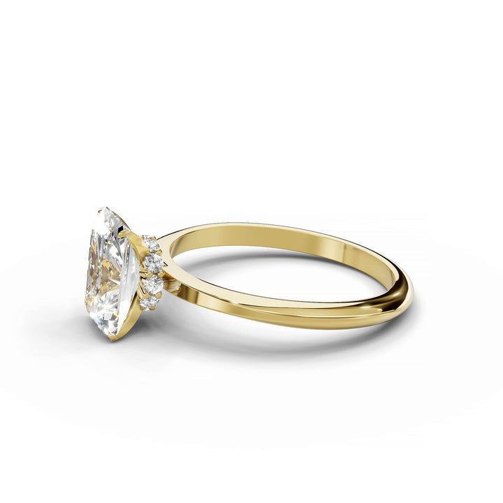 Radiant diamond engagement ring, hidden halo, custom design, yellow gold.