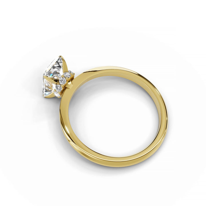 Radiant diamond engagement ring, hidden halo, custom design, yellow gold.