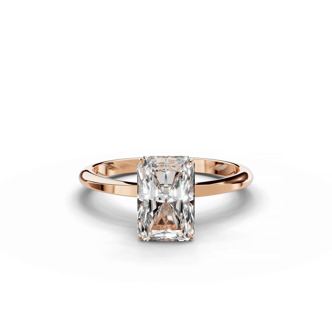 Radiant diamond engagement ring, hidden halo, custom design, rose gold.