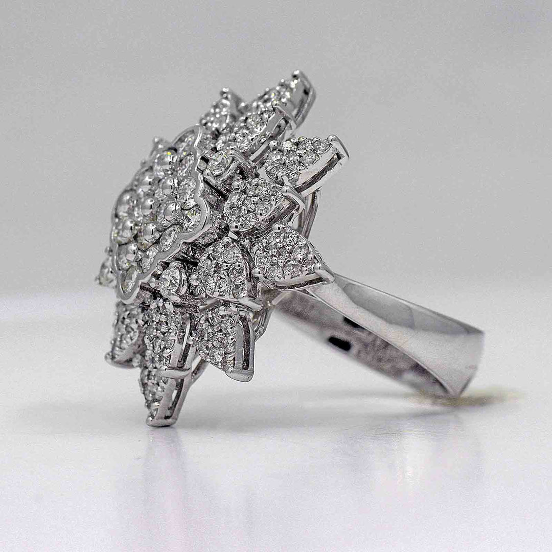 Unique diamond cluster ring with 148 natural diamonds in 18K white gold