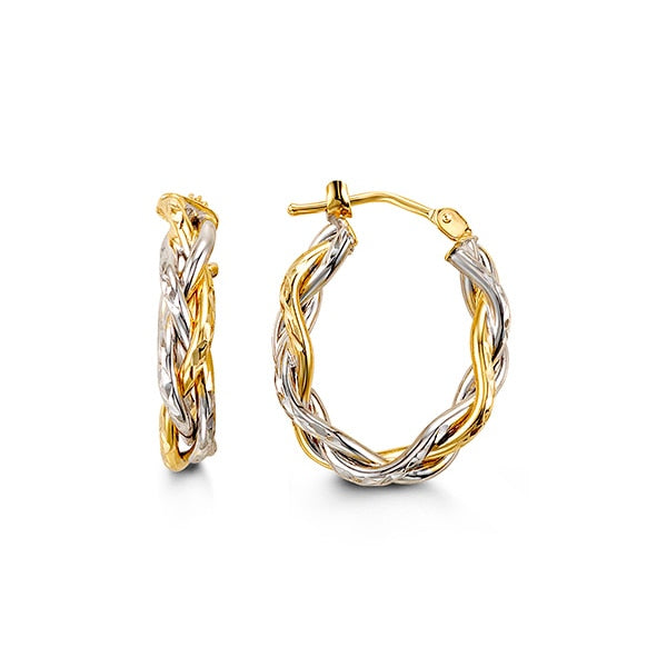 10k two-tone gold braided hoop earrings, featuring intertwined yellow and white gold strands.