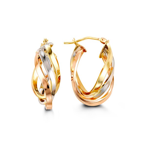 Elegant 10k tri-color gold twisted hoop earrings, showcasing intertwined bands of rose, white, and yellow gold.