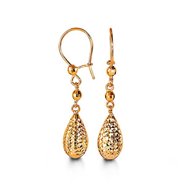 10k yellow gold drop earrings featuring a textured teardrop design with elegant gold bead links.