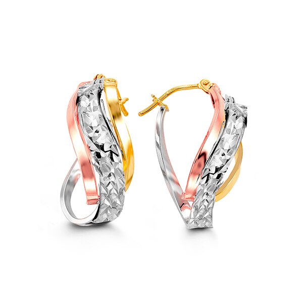 Stylish 10k Tri-Color Ribbon Hoop Earrings | RUDIX JEWELLERY"  SEO Description: "Add elegance to your ensemble with our 10k tri-color gold textured ribbon hoop earrings. Available exclusively at RUDIX JEWELLERY."  SEO alt text: "Elegant 10k tri-color gold hoop earrings with a unique ribbon design and textured finish.