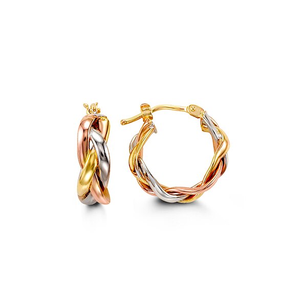 Elegant 10k tri-color gold hoop earrings with a unique braided design, combining rose, white, and yellow gold.