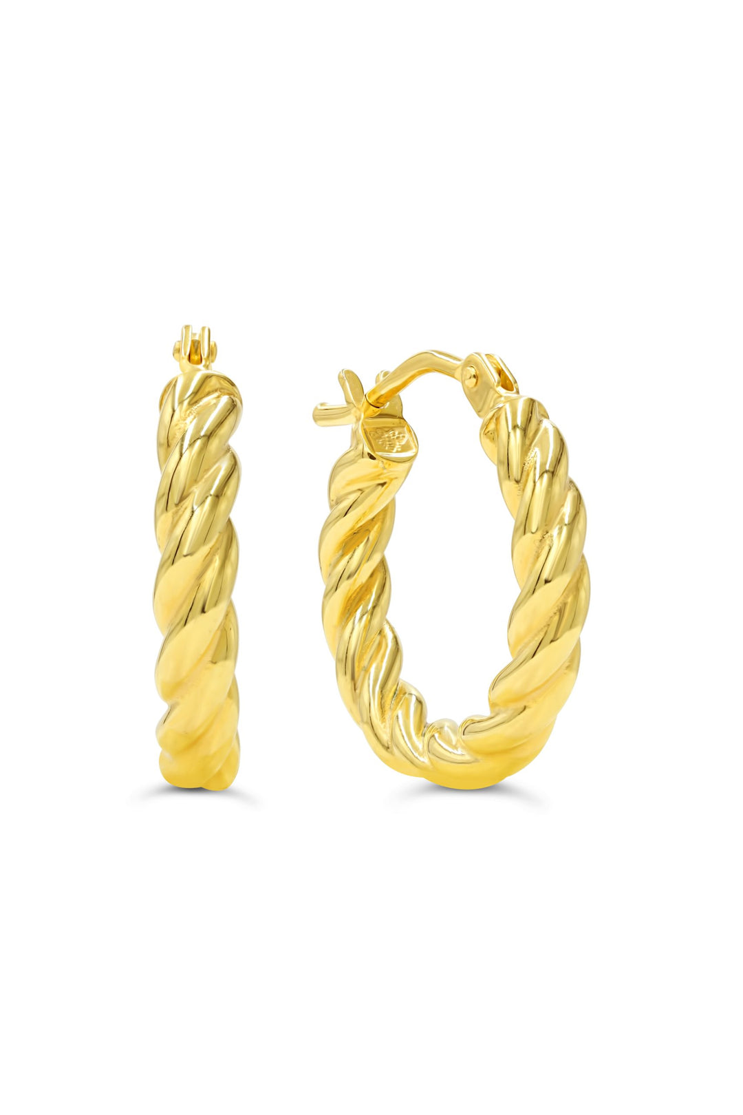 Elegant 10K yellow gold hoop earrings with a unique twisted design, polished to a high shine, adding a luxurious touch to any outfit.