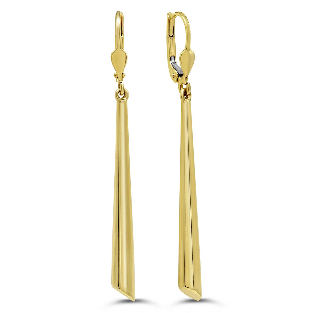 Elegant long drop earrings in 10K yellow gold, featuring a sleek and minimal design, ideal for adding a refined touch to any sophisticated attire.