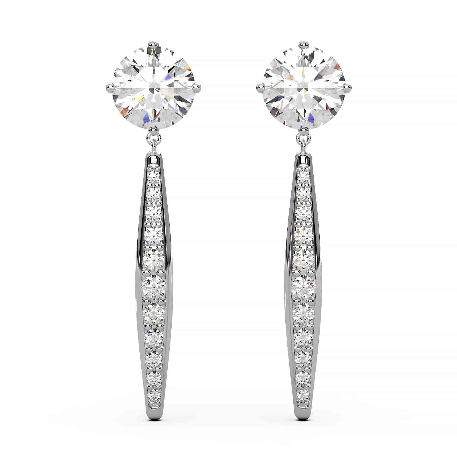 Elegant 2 ct lab-grown diamond dangling earrings with top stone design, set in 14k yellow, white, or rose gold, featuring VS1 clarity and E color diamonds.