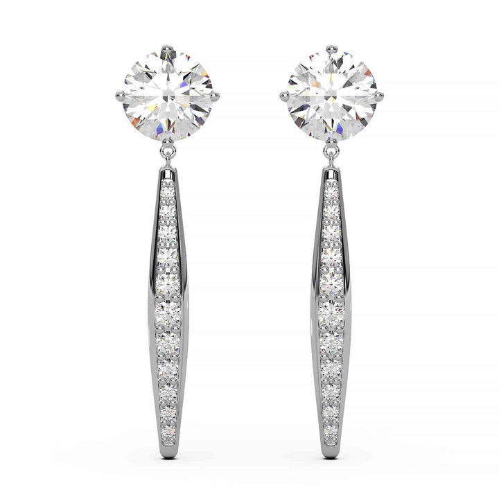 Elegant 2 ct lab-grown diamond dangling earrings with top stone design, set in 14k yellow, white, or rose gold, featuring VS1 clarity and E color diamonds.