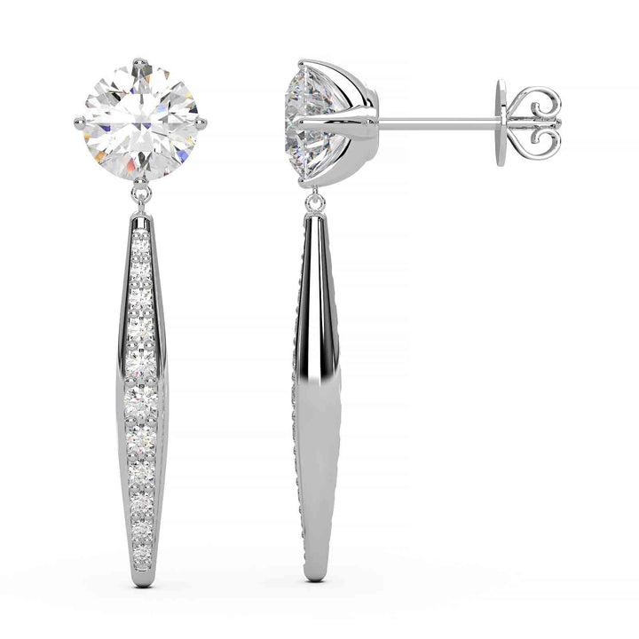 Elegant 2 ct lab-grown diamond dangling earrings with top stone design, set in 14k yellow, white, or rose gold, featuring VS1 clarity and E color diamonds.