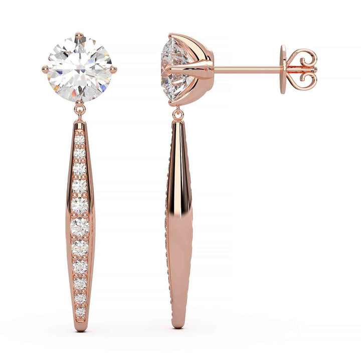 Elegant 2 ct lab-grown diamond dangling earrings with top stone design, set in 14k yellow, white, or rose gold, featuring VS1 clarity and E color diamonds.