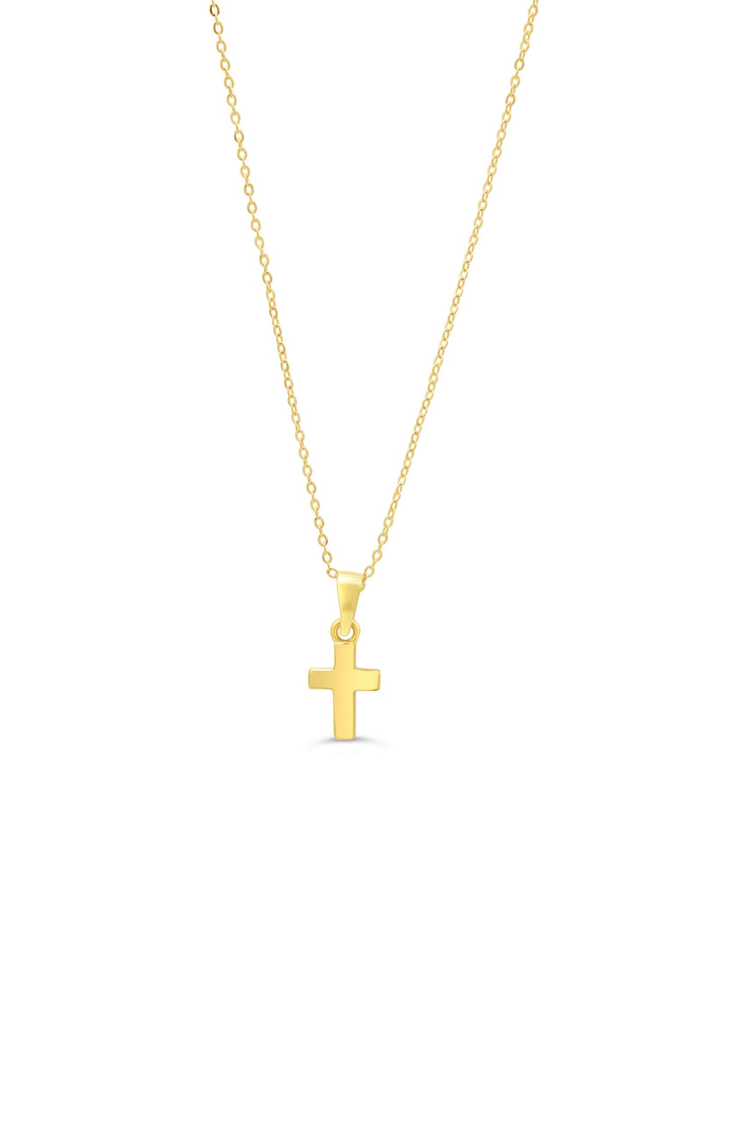 A 10K gold cross necklace featuring a minimalist yellow gold design with a 14-inch chain for children.