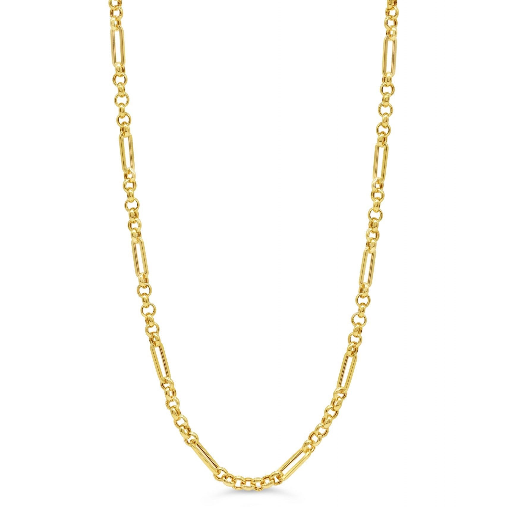 10K yellow gold necklace featuring alternating elongated bar and round links in a polished finish.