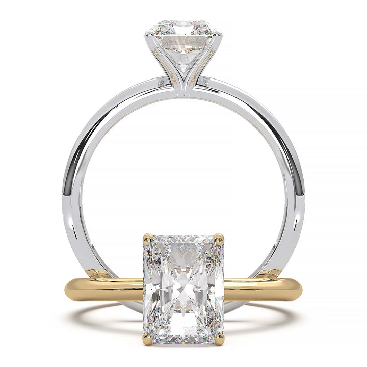 Radiant cut lab diamond solitaire ring with a low-profile setting and custom prongs.