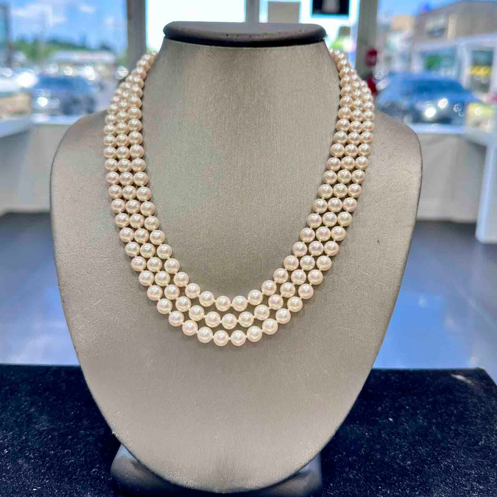 Elegant Akoya Cultured Pearl Three-Strand Necklace,