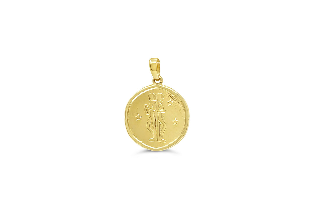 10K yellow gold Gemini zodiac pendant with twin engraving and star accents in polished gold finish.