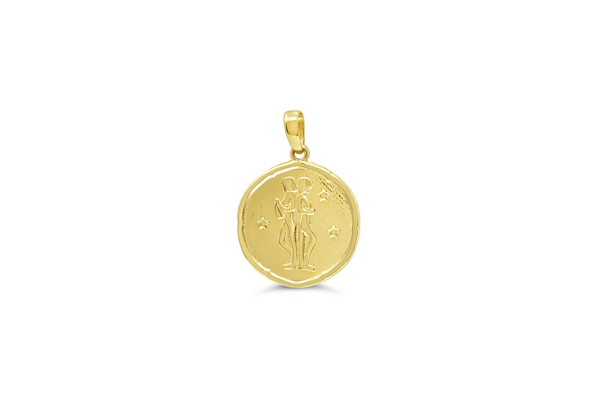 10K yellow gold Gemini zodiac pendant with twin engraving and star accents in polished gold finish.