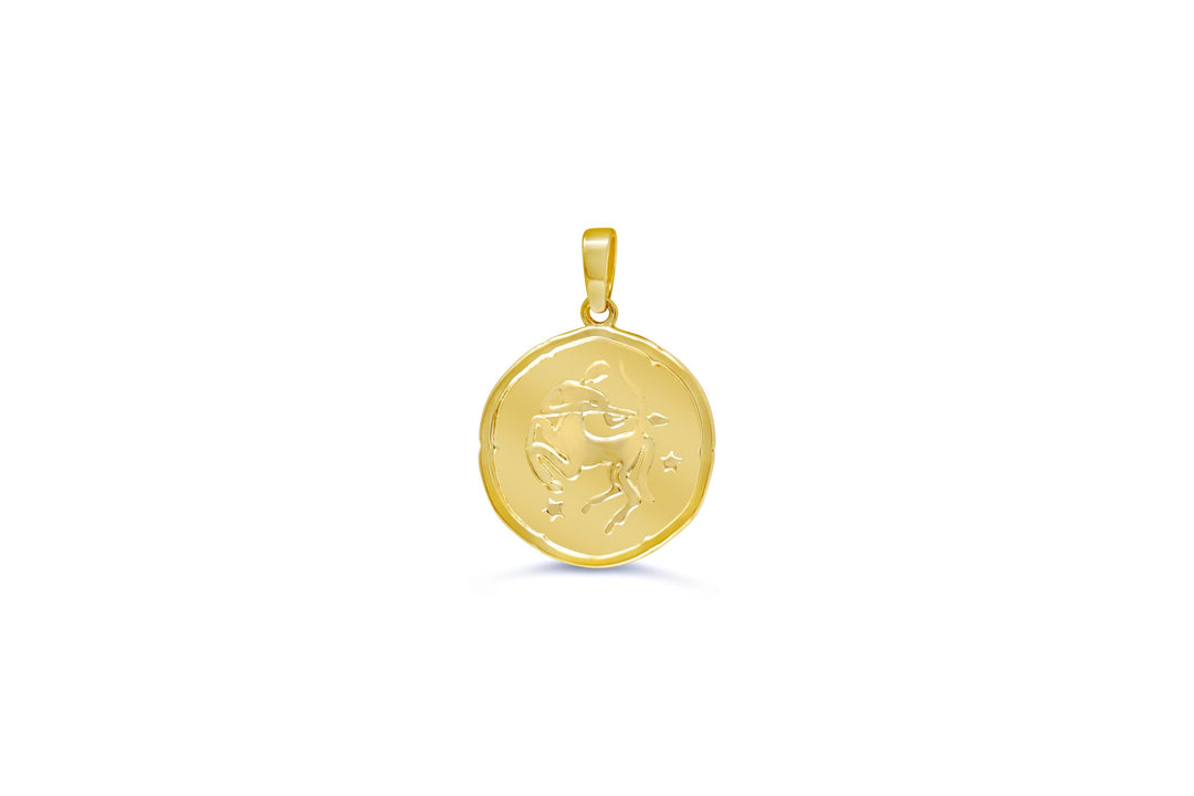 10K yellow gold Sagittarius zodiac pendant with engraved archer design and star details in a polished round medallion.