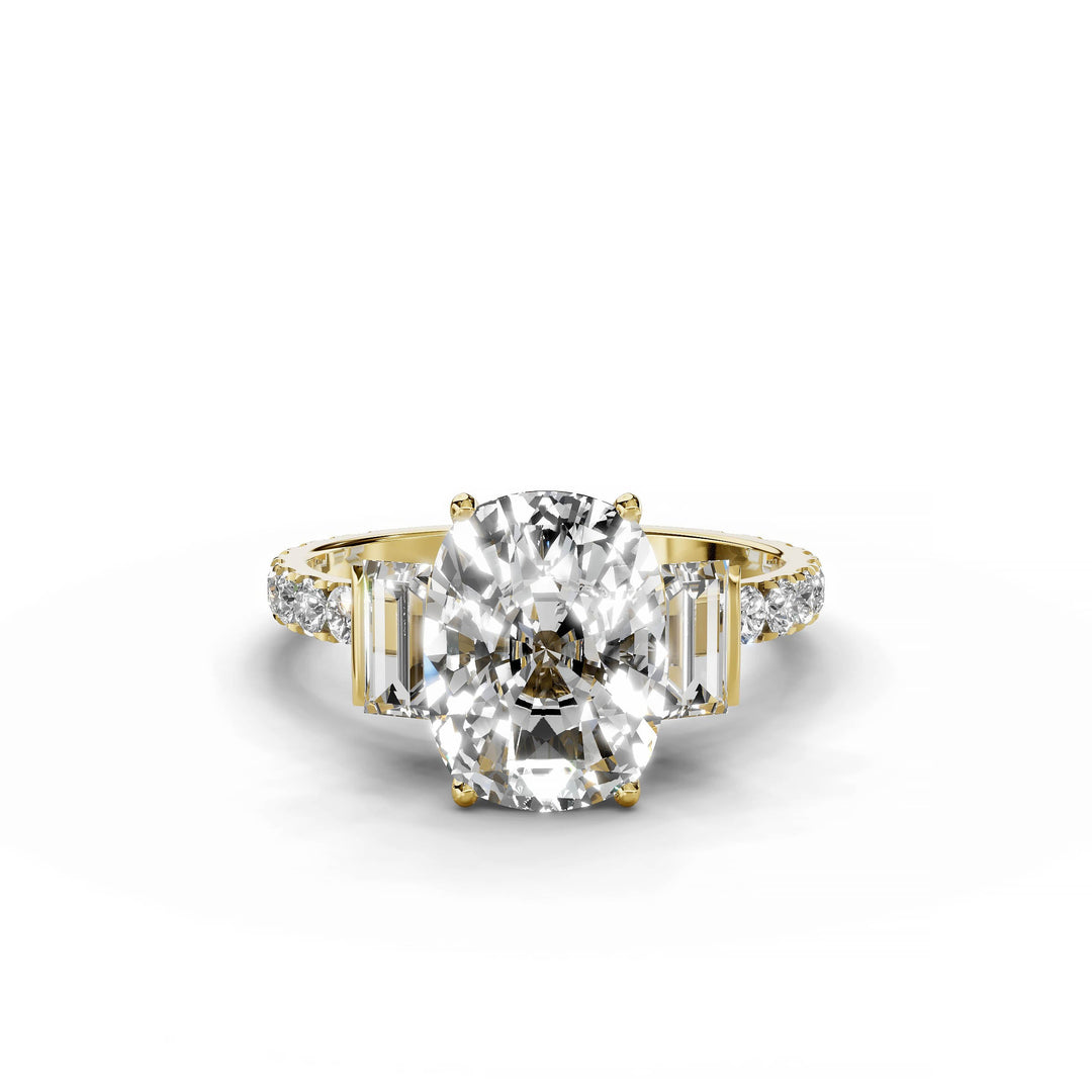 Cushion cut diamond engagement ring with baguette and round diamonds in yellow gold.