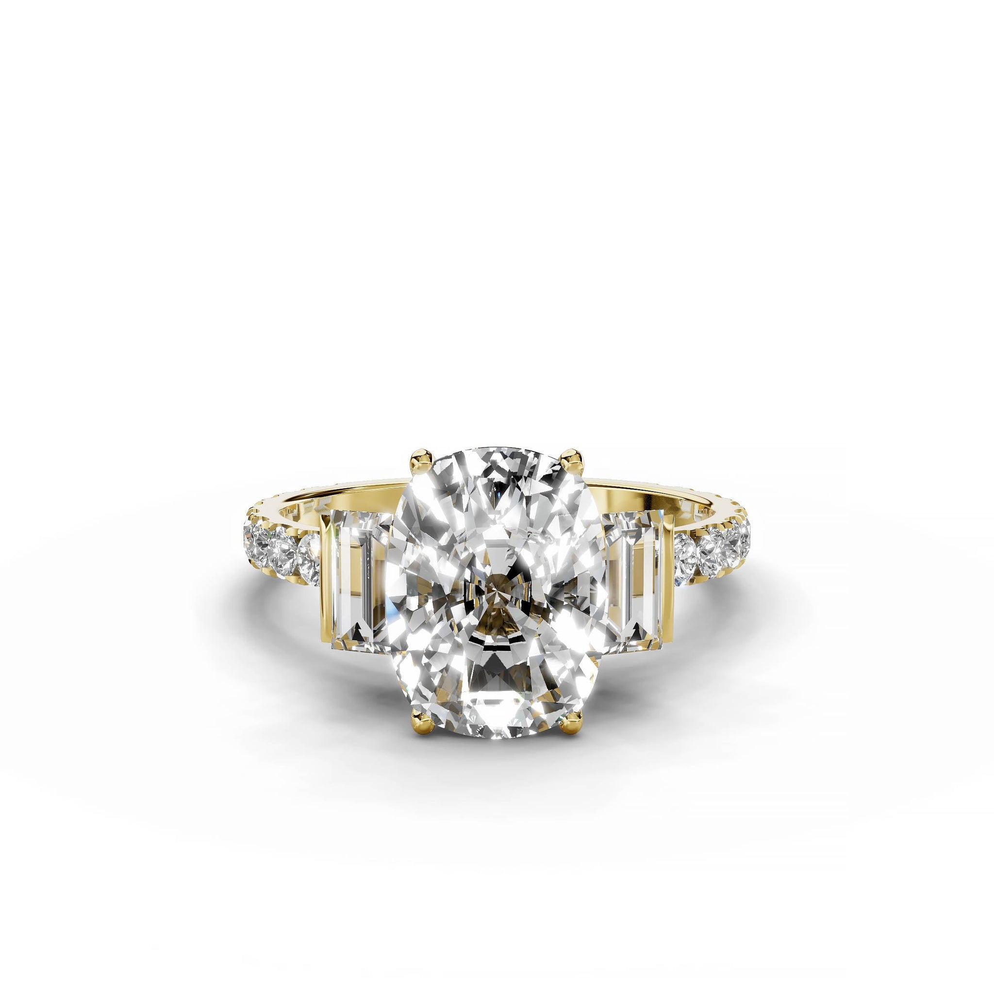 Cushion cut diamond engagement ring with baguette and round diamonds in yellow gold.