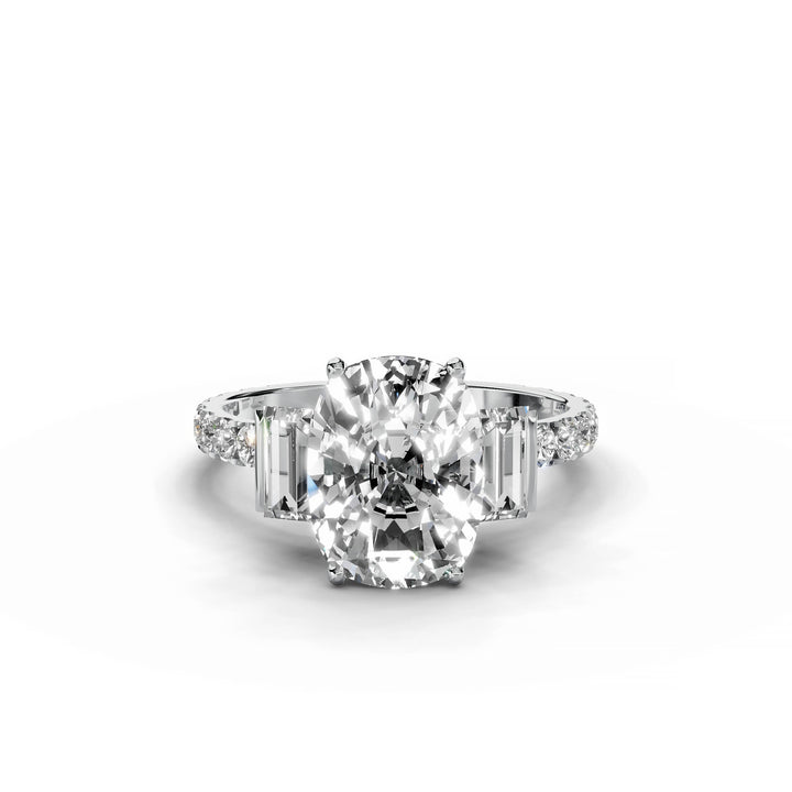 Cushion cut diamond engagement ring with baguette and round diamonds, modern style, white gold.