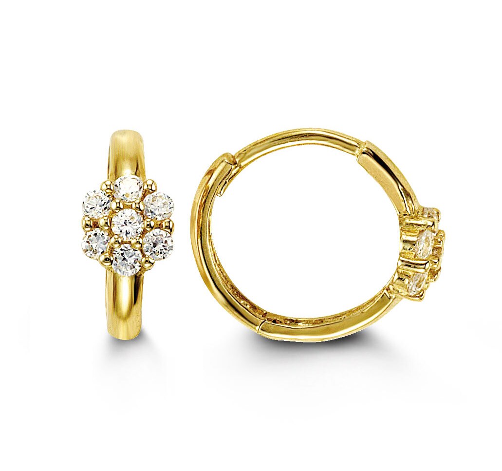 14K yellow gold baby and kids earrings with cubic zirconia cluster, elegant and playful design.