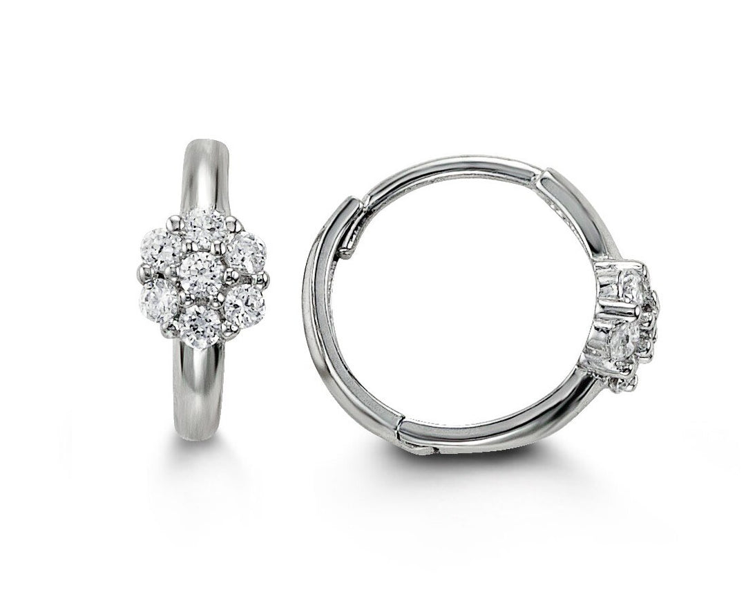 14K white gold baby and kids earrings with cubic zirconia cluster, elegant and playful design.