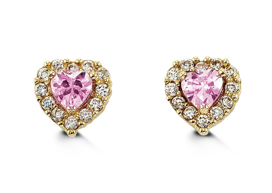Pink heart-shaped gold earrings for kids with CZ halo accents. Perfect for delicate and elegant styling.