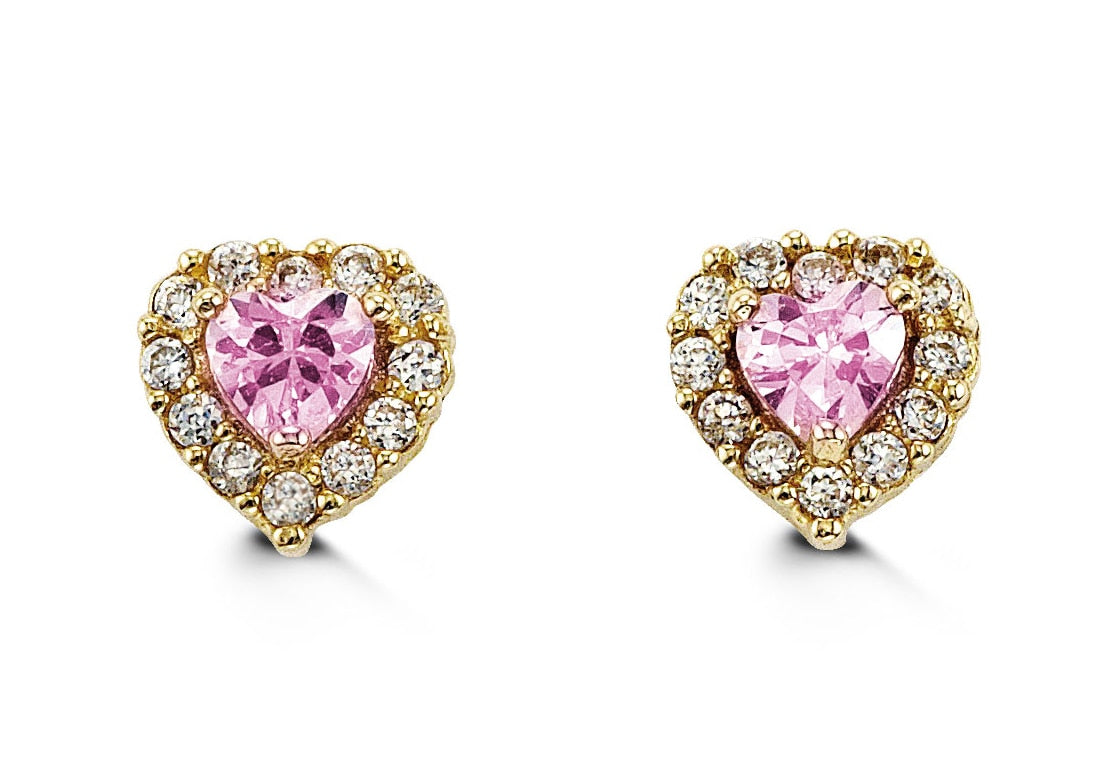 Pink heart-shaped gold earrings for kids with CZ halo accents. Perfect for delicate and elegant styling.