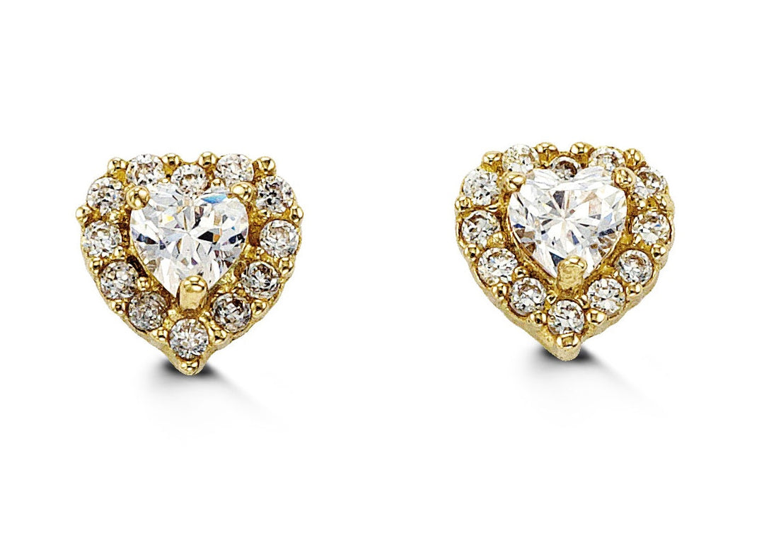 14K gold kids’ earrings with white heart-shaped cubic zirconia and a CZ halo design. Perfect for special occasions or daily wear.