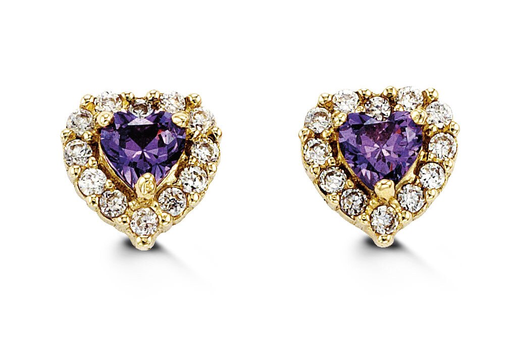 14K gold kids’ earrings with purple heart-shaped cubic zirconia and a CZ halo design. Perfect for gifting or everyday wear.