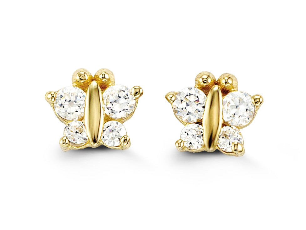 14K yellow gold baby and kids butterfly earrings with white cubic zirconia stones, whimsical and elegant design.