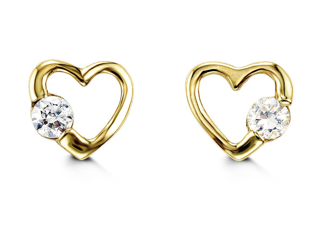 14K yellow gold baby and kids heart earrings with cubic zirconia stones, elegant and sweet design.