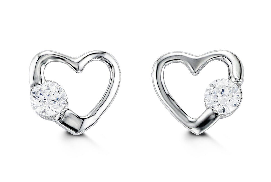 14K white gold baby and kids heart earrings with cubic zirconia stones, elegant and sweet design.