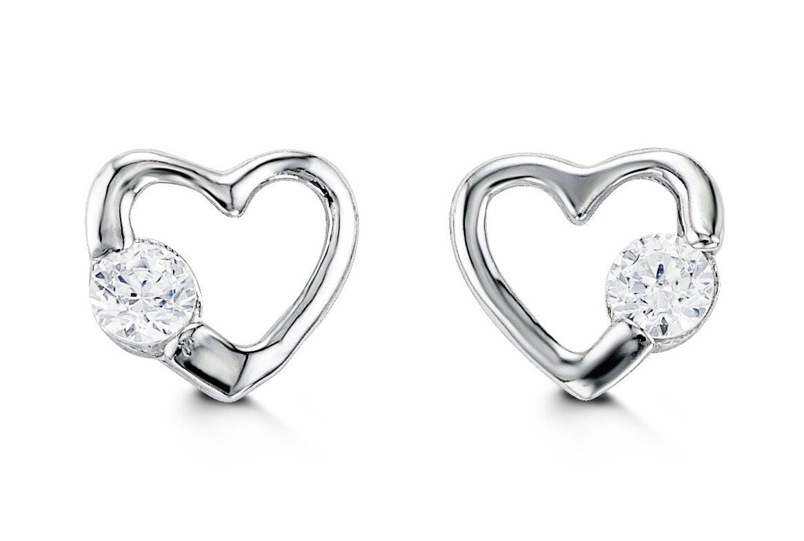 14K white gold baby and kids heart earrings with cubic zirconia stones, elegant and sweet design.