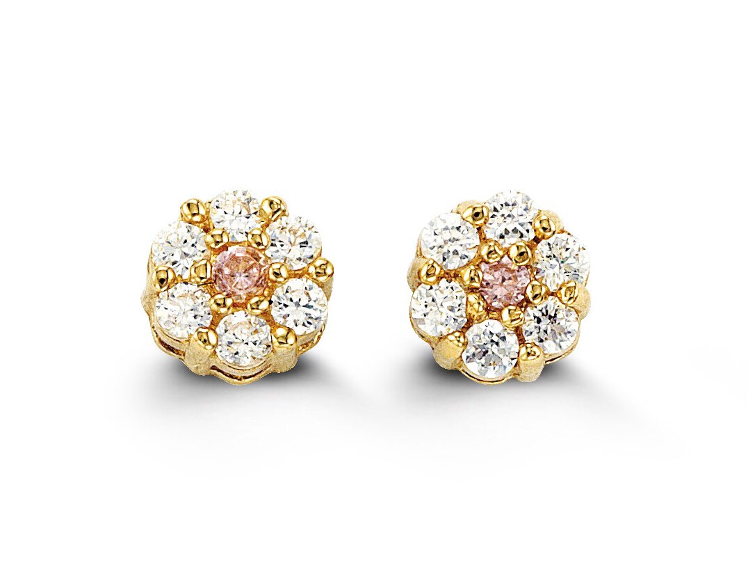 14K yellow gold baby earrings with pink cubic zirconia stones in a floral design.