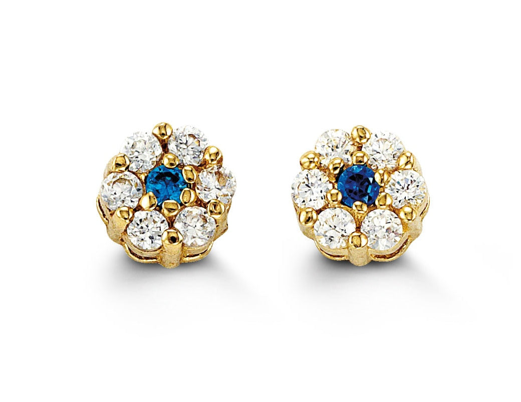 14K yellow gold baby earrings with blue cubic zirconia stones in a floral design.