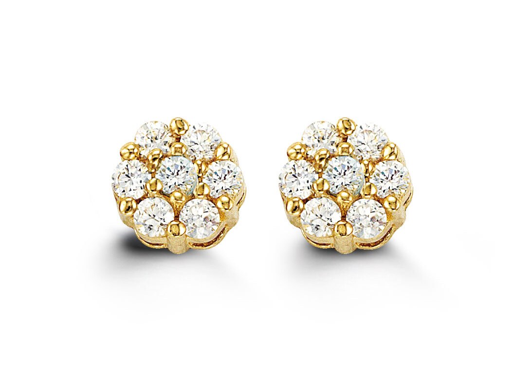 14K yellow gold baby earrings with white cubic zirconia stones in a floral design.