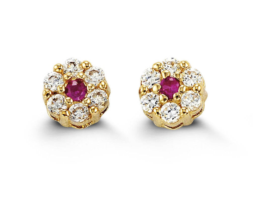 14K yellow gold baby earrings with red cubic zirconia stones in a floral design.