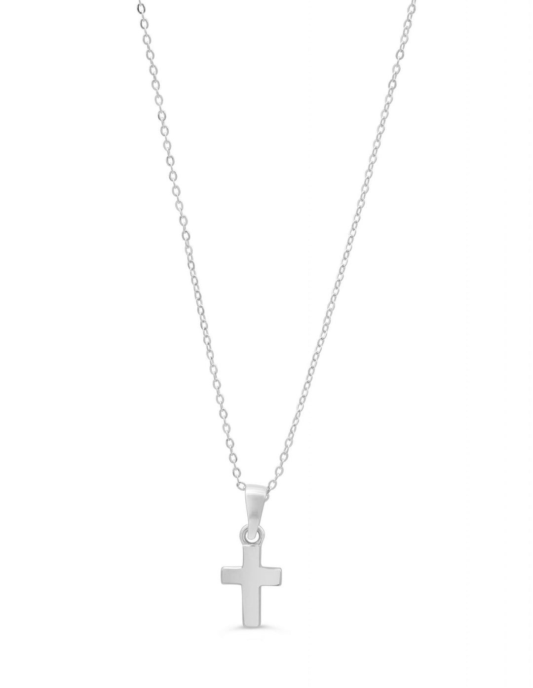 A 10K white gold cross necklace featuring a polished minimalist design and a 14-inch chain for children.