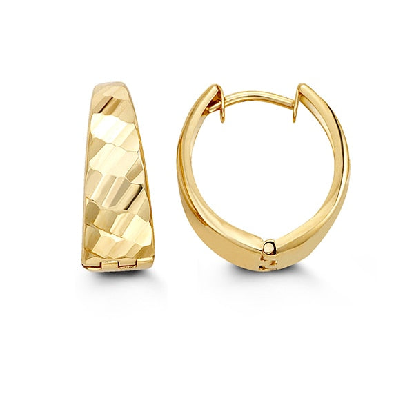 10k yellow gold huggie hoop earrings with a textured finish.